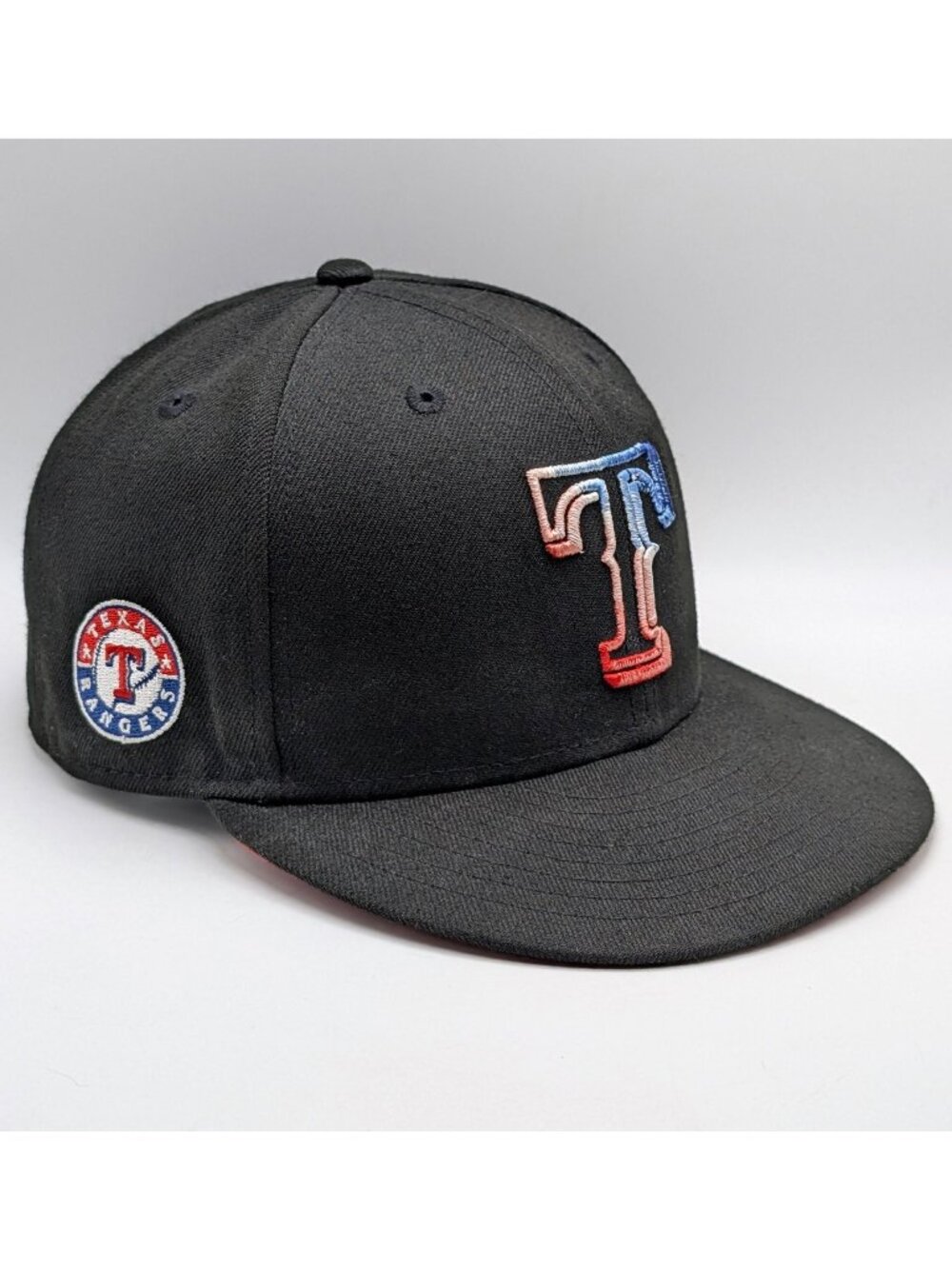 Texas Rangers New Era Fitted Hat Black MLB Baseball Size 7 1/4 Flat Bill Cap